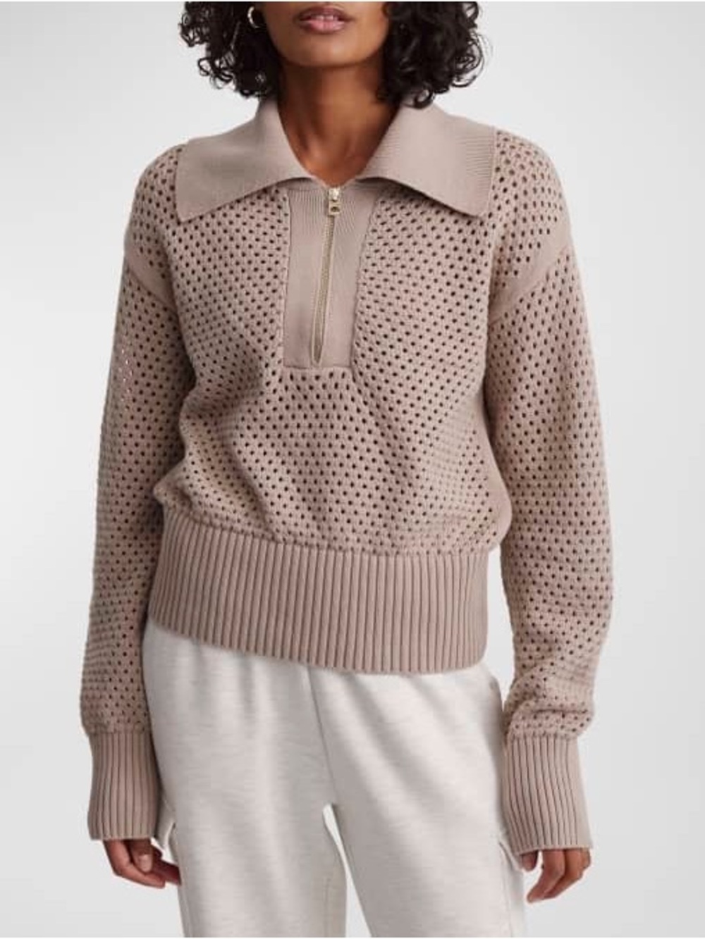 Varley Lily Open-Knit Half-Zip Collar Sweater in Taupe